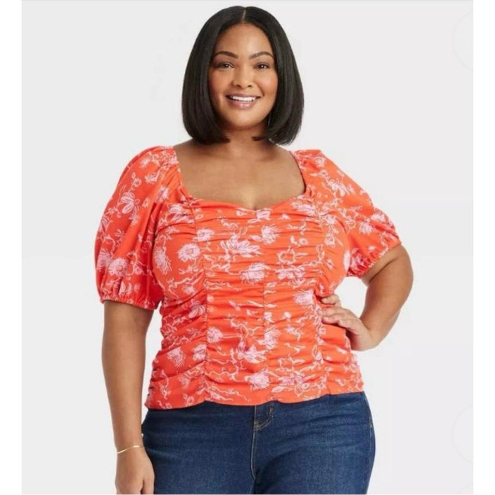 Ava & Viv Orange Floral Puff Short Sleeve Blouse Size 2X